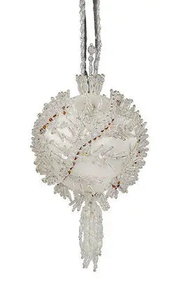 White beaded spherical ornament with tassel from The Cracker Box Inc Icy Forest Christmas ornament kit