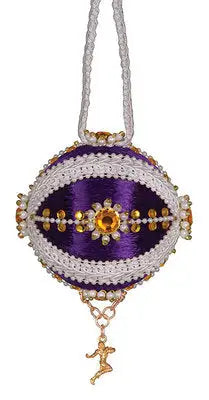 Purple white and gold ornate hanging ornament with golden figurine pendant from Cracker Box ornament kits