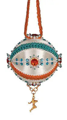 Ornate beaded orange teal and white ornament with gold charm from Cracker Box ornament kits