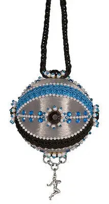 Decorative oval beaded ornament with metallic charm and black braided cord from Cracker Box