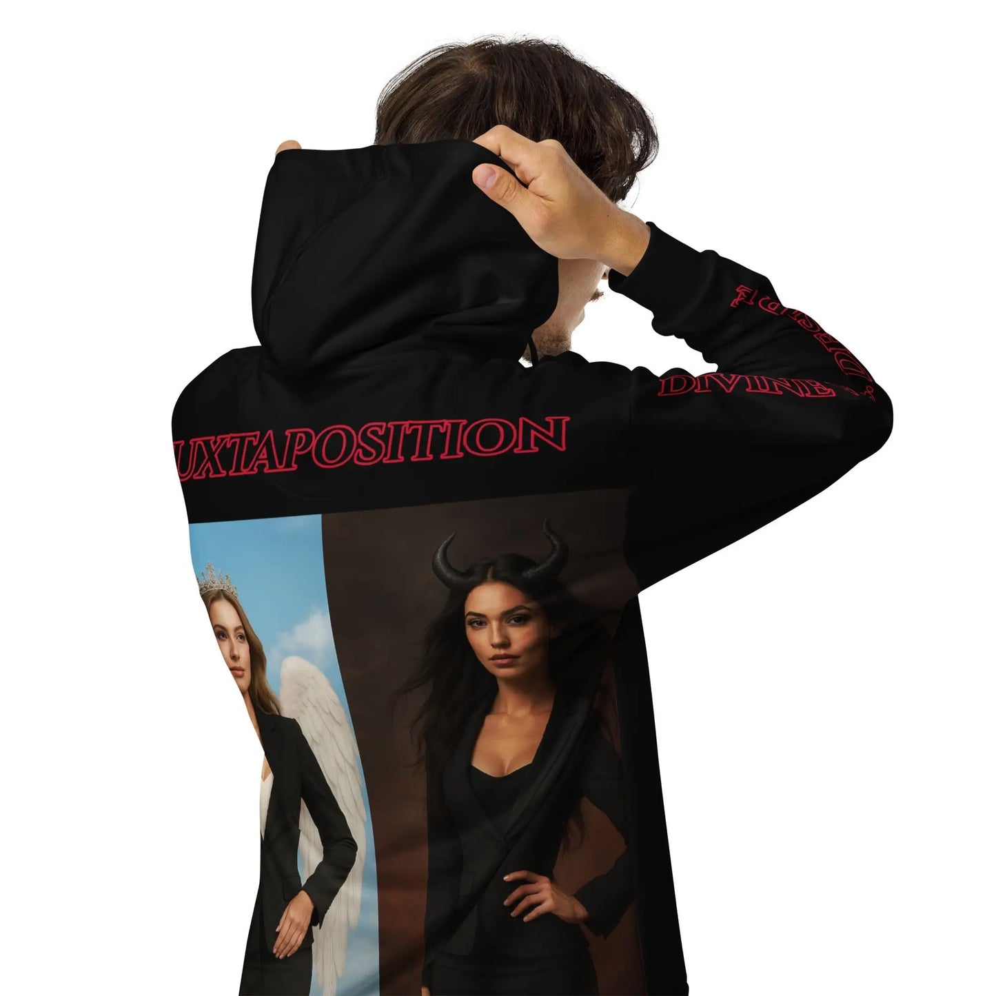 Black juxtaposition hoodie with angel and devil print from STORE 7994 for unisex style