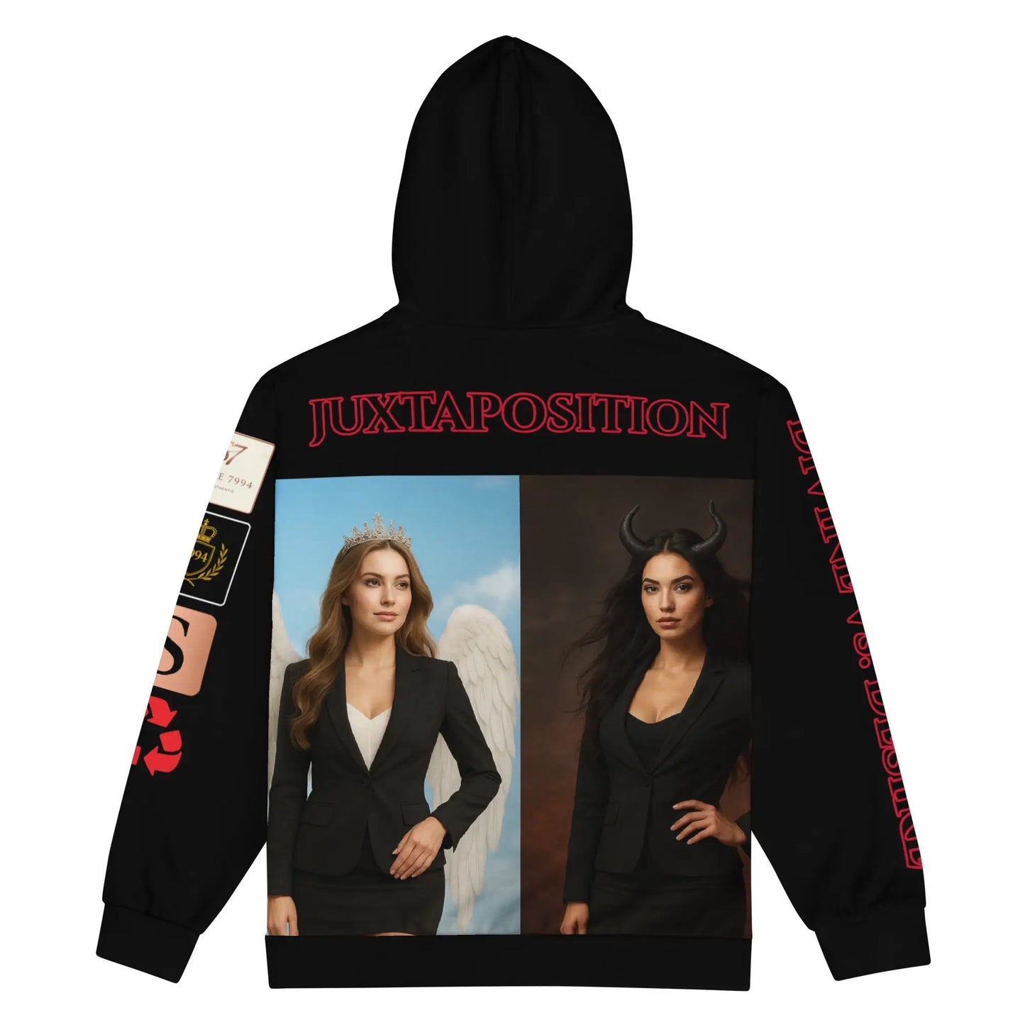 Black juxtaposition hoodie with angel and devil graphic print from STORE 7994