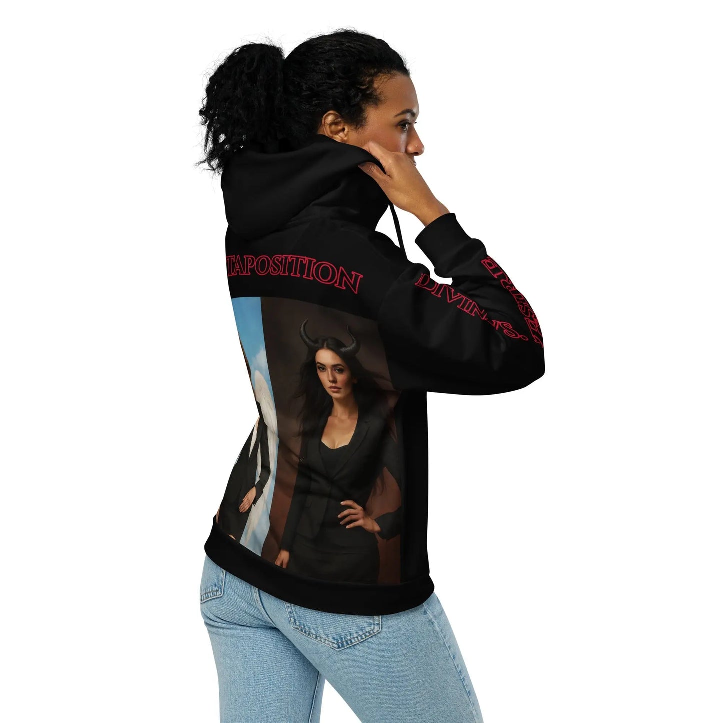 Black juxtaposition hoodie with woman’s portrait on back and red sleeve text for style