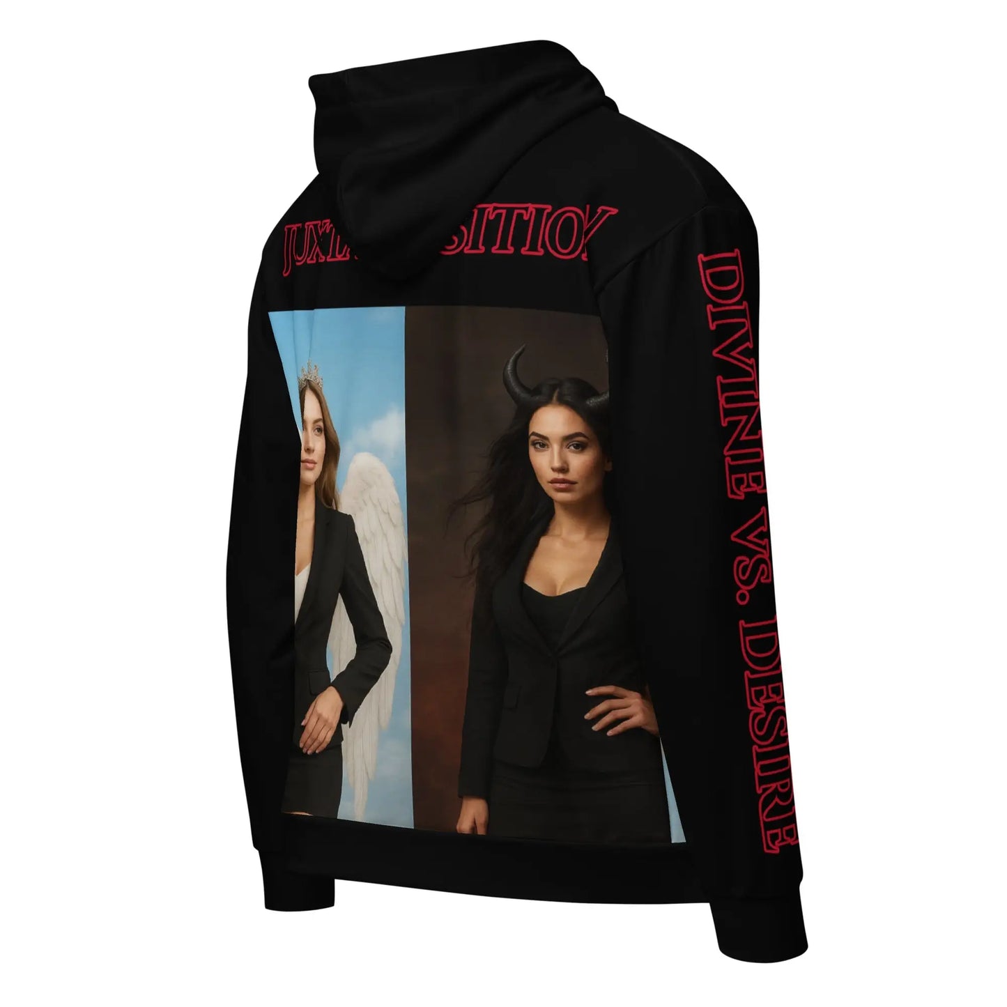 Black juxtaposition hoodie with angel and horned woman design from STORE 7994