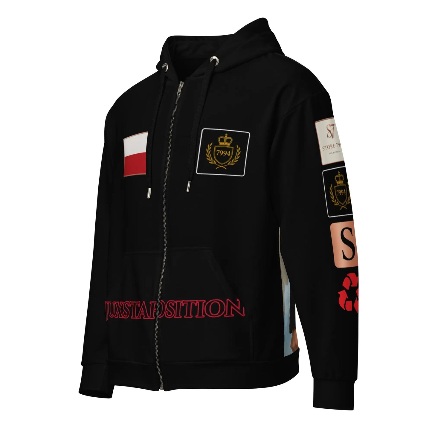 Black juxtaposition hoodie with patches from STORE 7994 offering stylish product safety