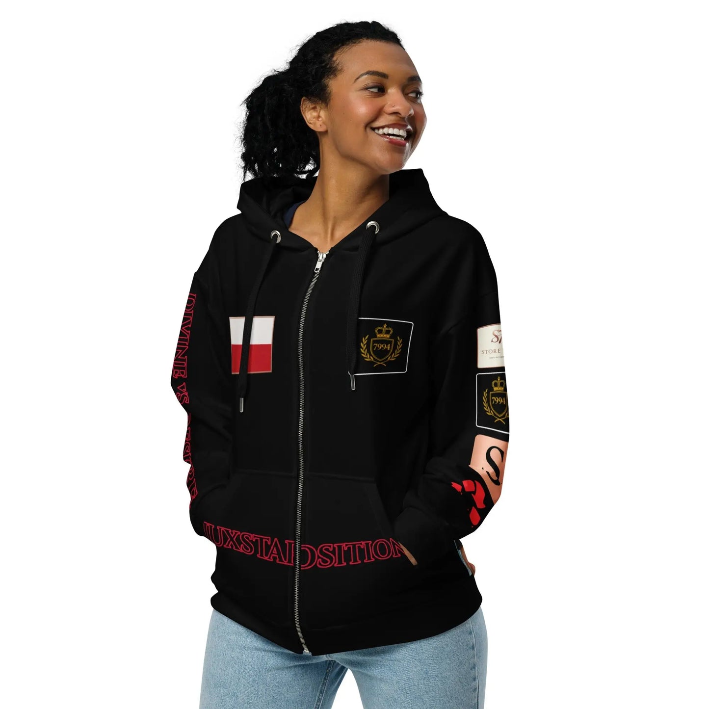 Black juxtaposition hoodie from STORE 7994 with embroidered designs, ideal for product safety