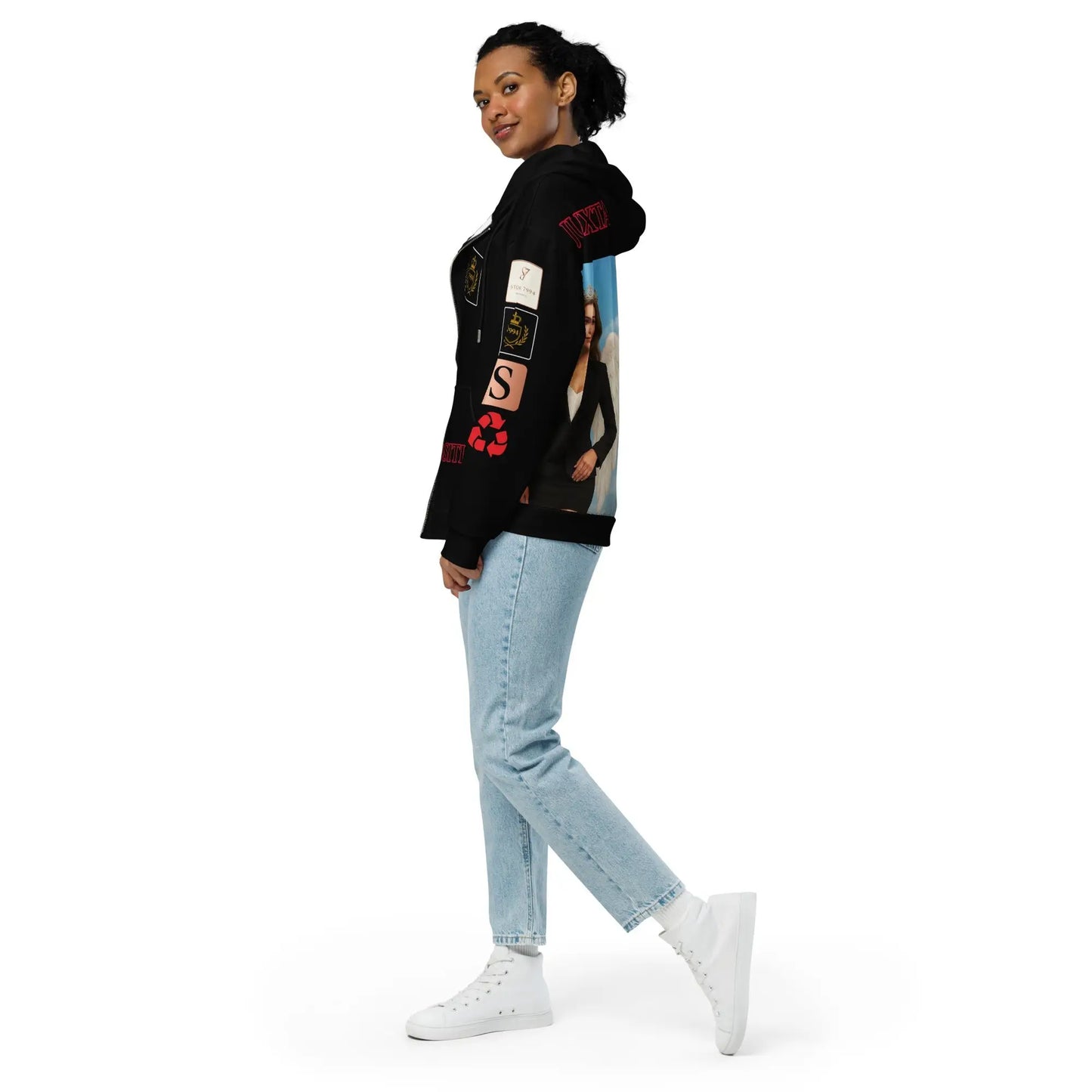 Black juxtaposition hoodie with patches and graphic print from STORE 7994 for stylish comfort
