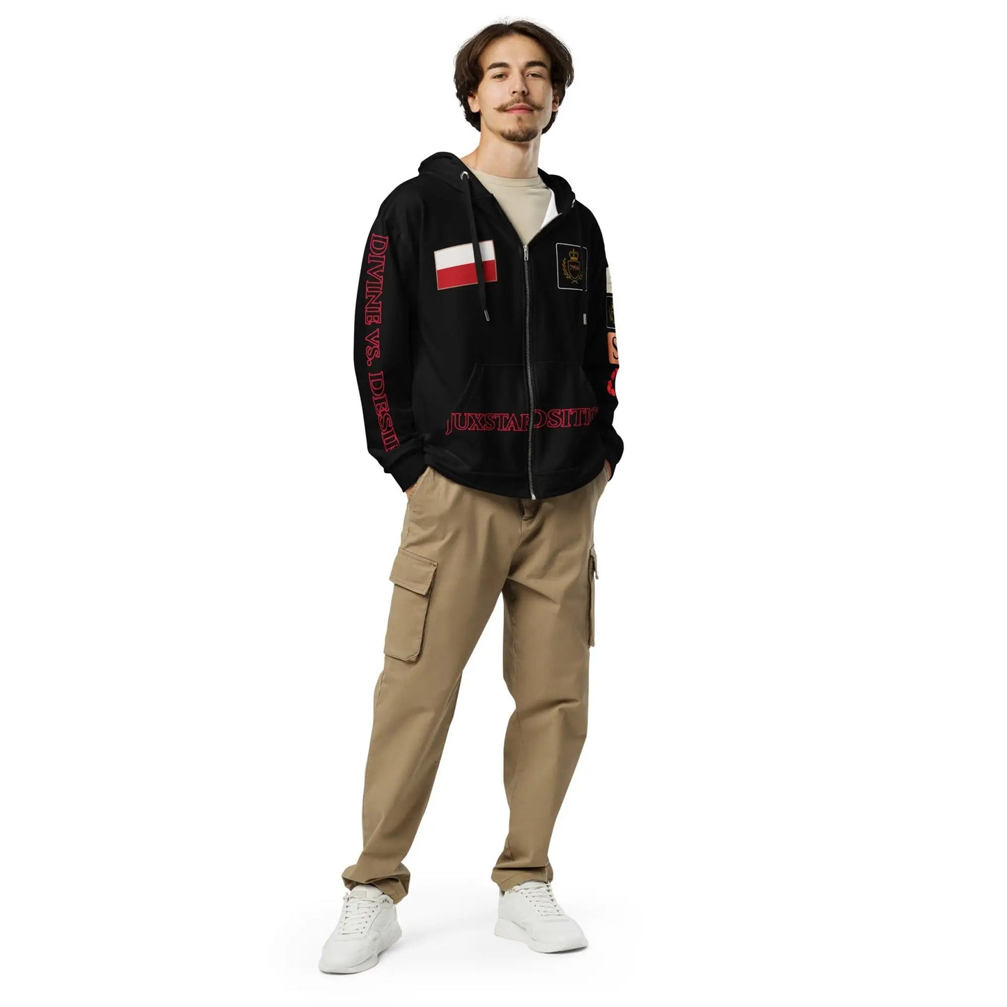Men’s black juxtaposition hoodie with red white stripe and tan cargo pants for style
