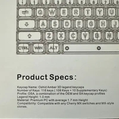 Keyboard keycaps with specifications from Keycaps Experts Oshed Amber 3D Legend Set