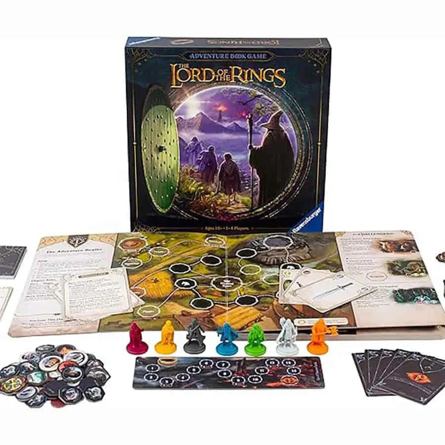 The Lord of the Rings Adventure Book Game featuring game pieces, cards, and board