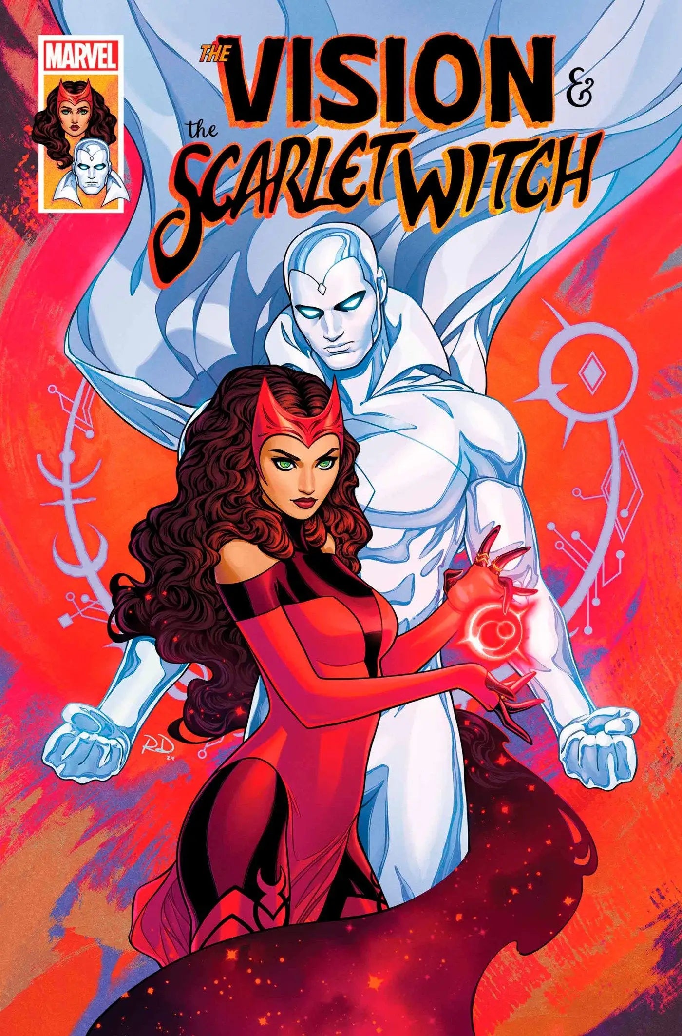 Comic book cover featuring Scarlet Witch and Vision from The Vision & The Scarlet Witch #1 celebrating 50th anniversary