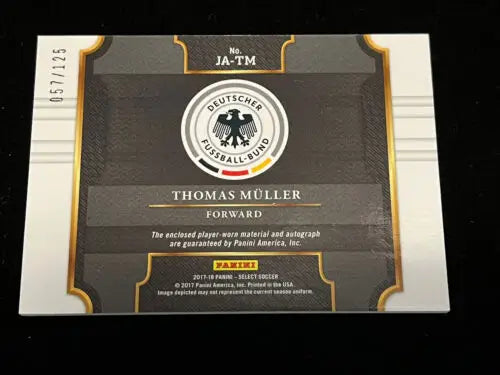 Thomas Müller Panini Select 2017 Jersey Patch Card #d 57/125 showcasing memorabilia
