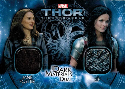 Costume memorabilia card with fabric swatches from Thor: The Dark World featuring Jane Foster and Sif