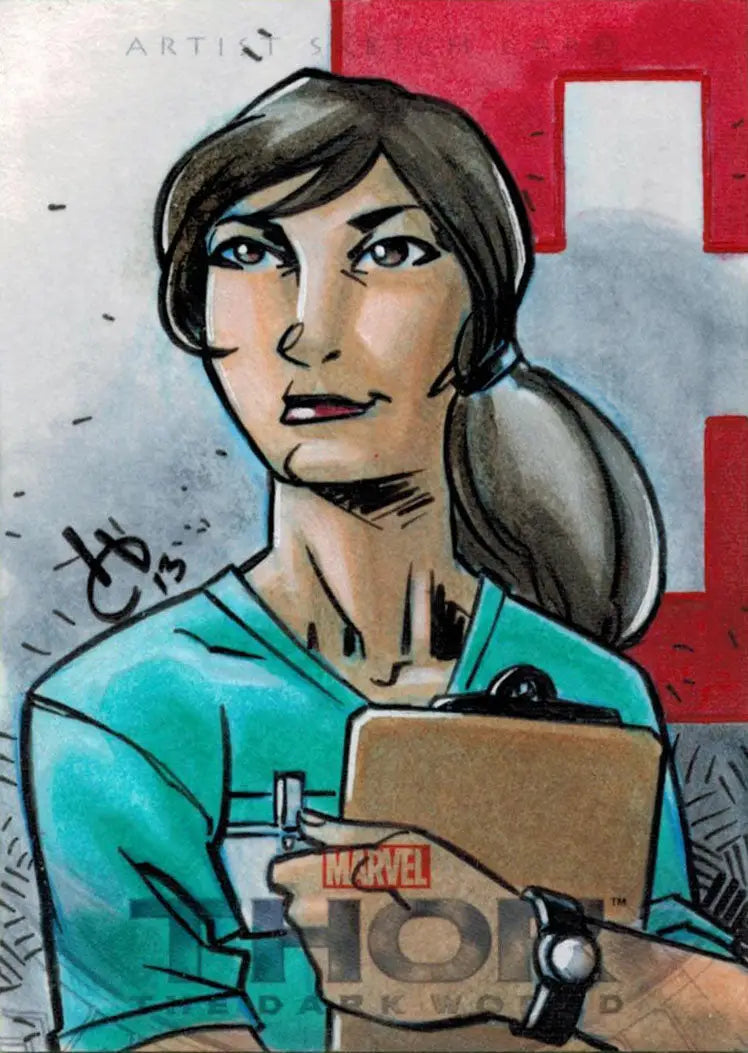 Portrait of a woman in teal top with clipboard in Harold Edge’s Thor Dark World Sketch Card