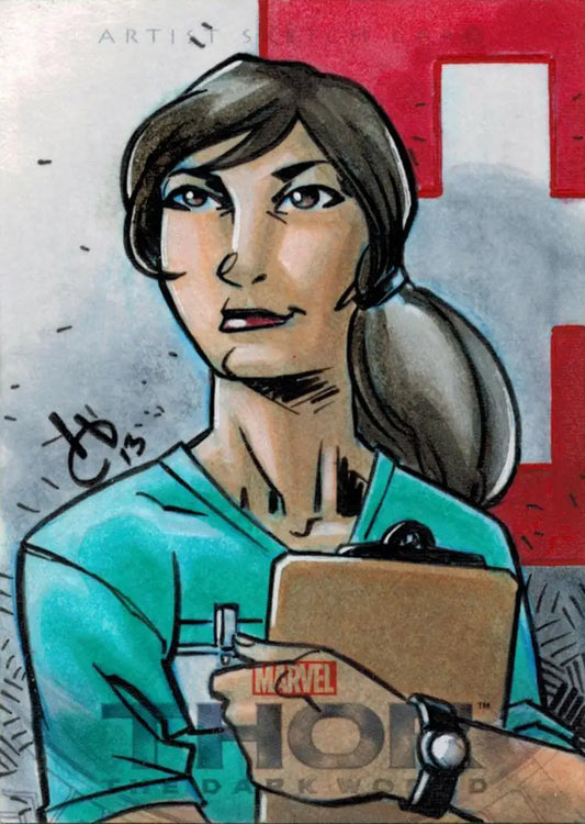Portrait of a woman in teal top with clipboard in Harold Edge’s Thor Dark World Sketch Card