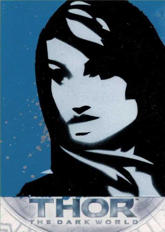 Stylized portrait of a woman with dark hair on a blue background from Jason Adams sketch card