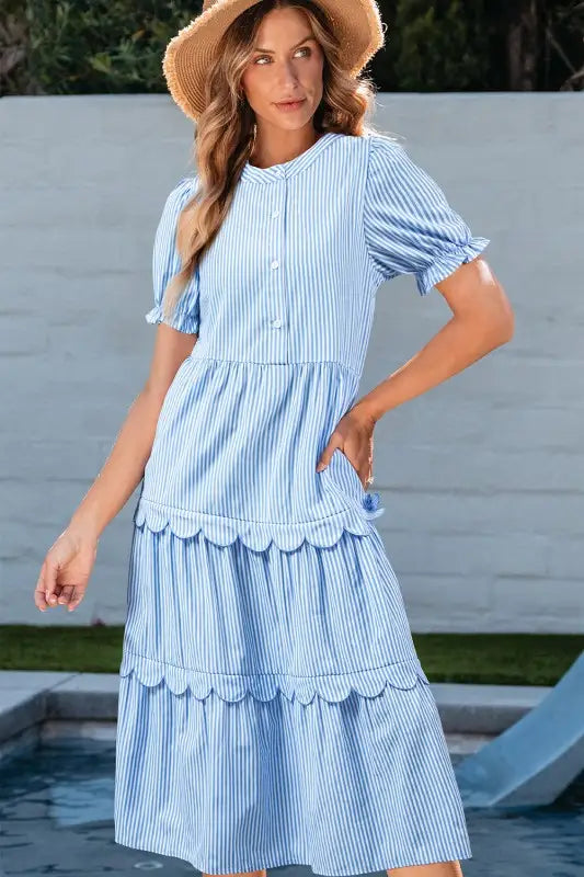 Threaded Pear’s Striped Tiered & Scalloped Midi Day Dress - Sky Blue Stripe / S - 4/6 - Day Dress