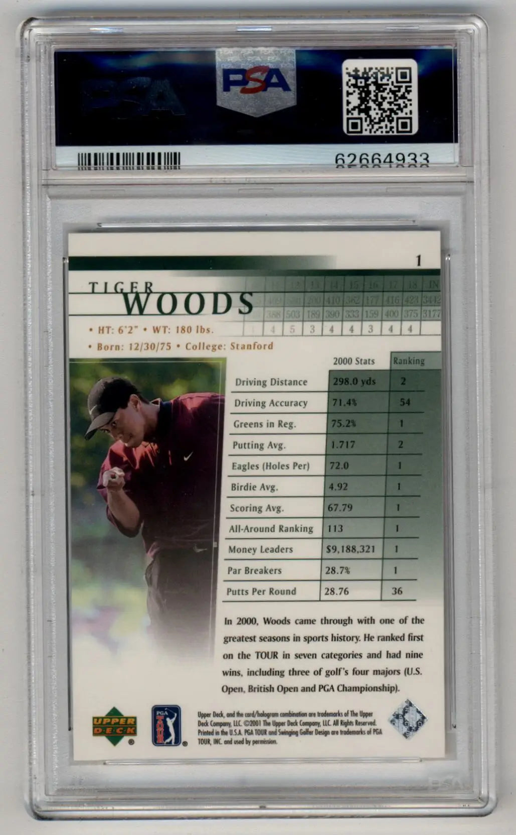 Graded Tiger Woods trading card from Upper Deck Tiger Woods 2001 PSA 10 Gem Mint