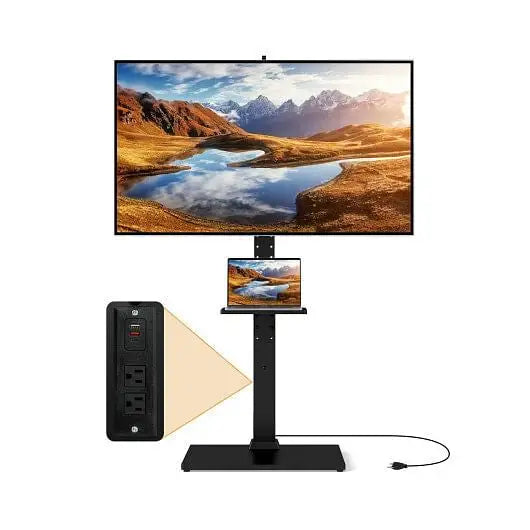 Tilt and Height Adjustable Floor TV Stand with Power Outlet and Adjustable AV Shelf - Entertainment Centers & TV Stands