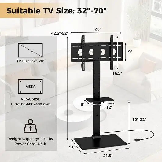 Tilt and Height Adjustable Floor TV Stand with Power Outlet and Adjustable AV Shelf - Entertainment Centers & TV Stands