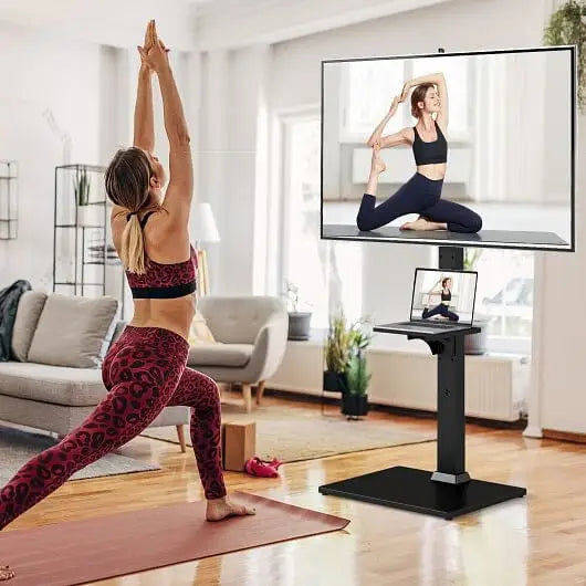 Tilt and Height Adjustable Floor TV Stand with Power Outlet and Adjustable AV Shelf - Entertainment Centers & TV Stands
