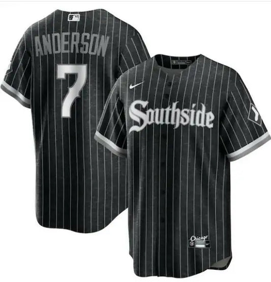 Black and white pinstripe Tim Anderson Chicago White Sox Nike City Connect Jersey