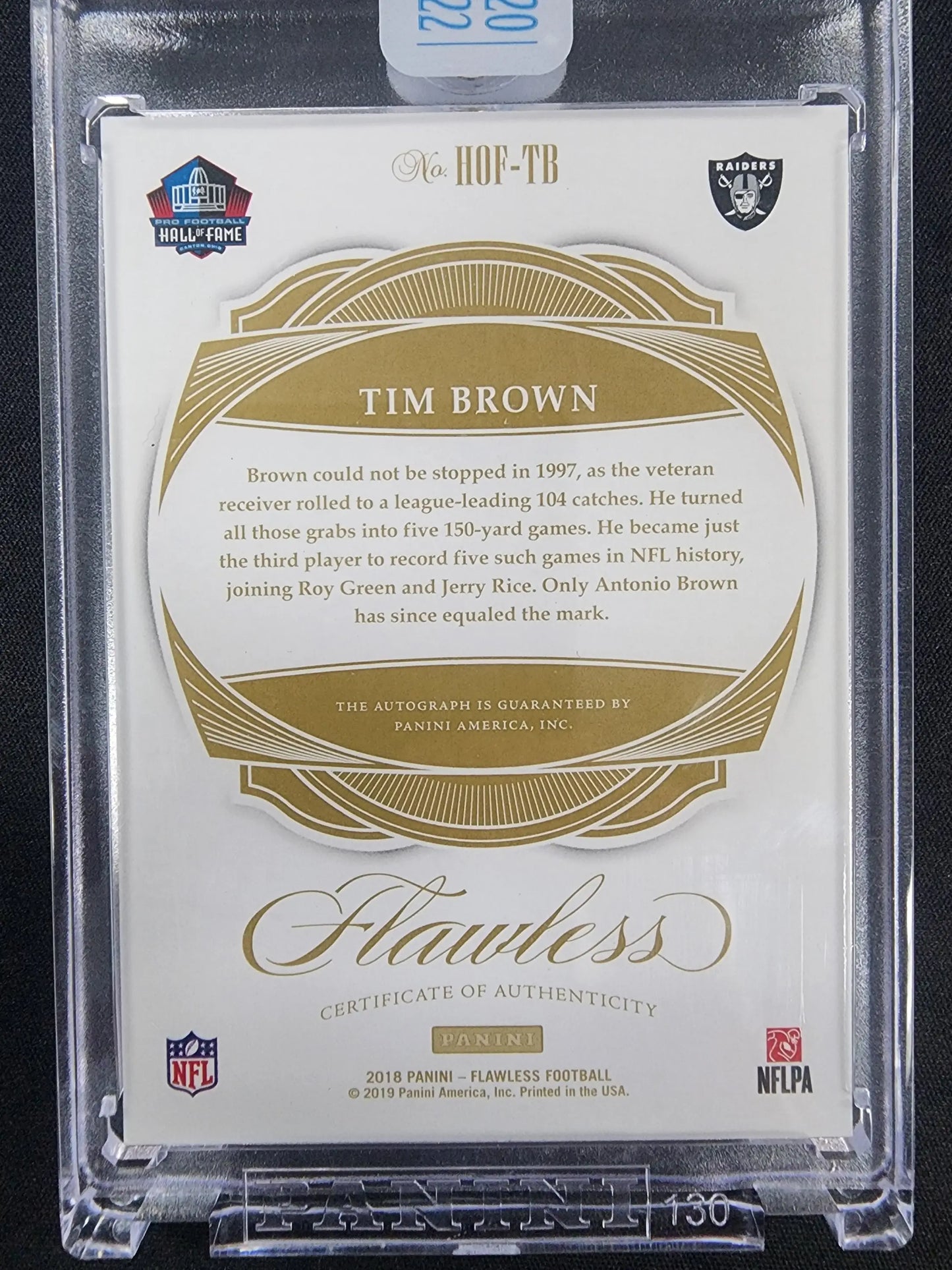 Back side of Tim Brown Panini Flawless Honors Buyback Auto card in protective case