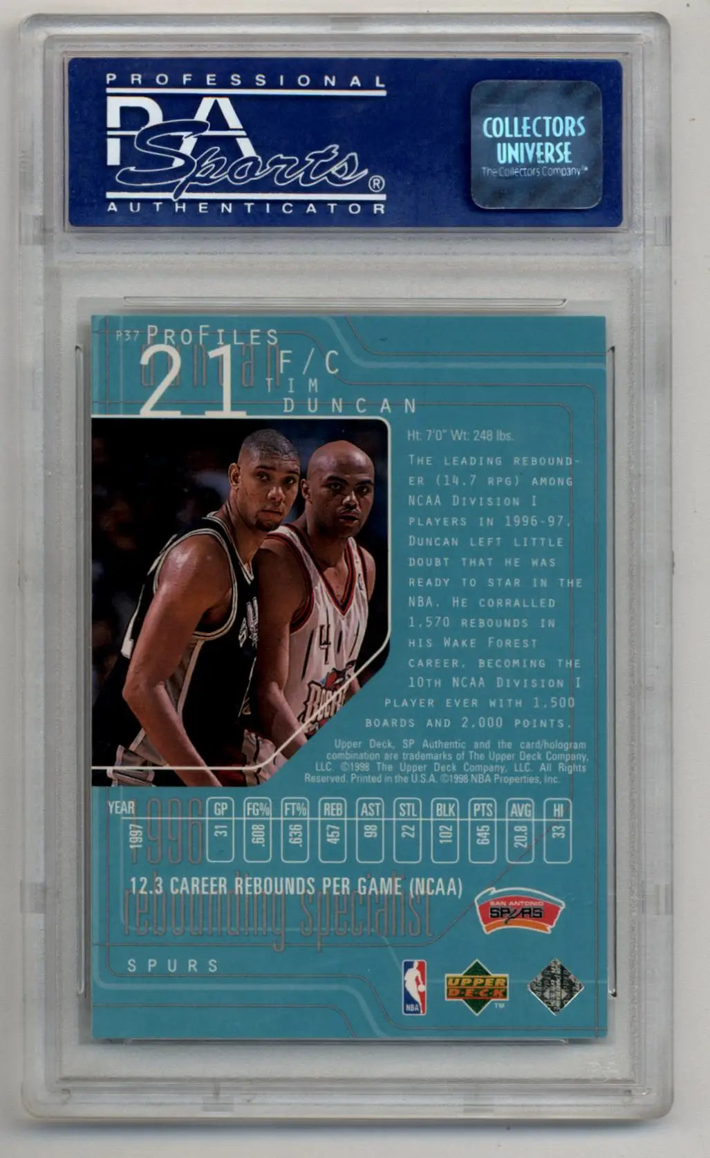 PSA 10 Gem Mint Tim Duncan 1997-98 SP Authentic P37 Proflies basketball card in case