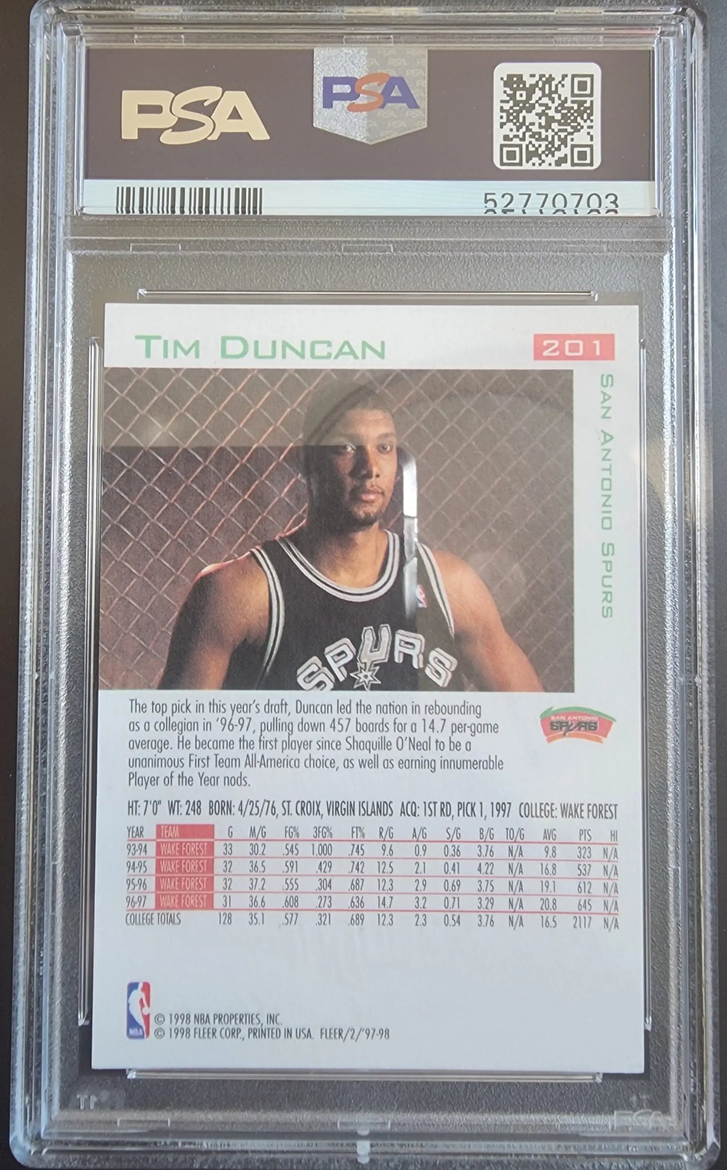 PSA-graded Tim Duncan 1997 Fleer #201 basketball card in gem mint condition