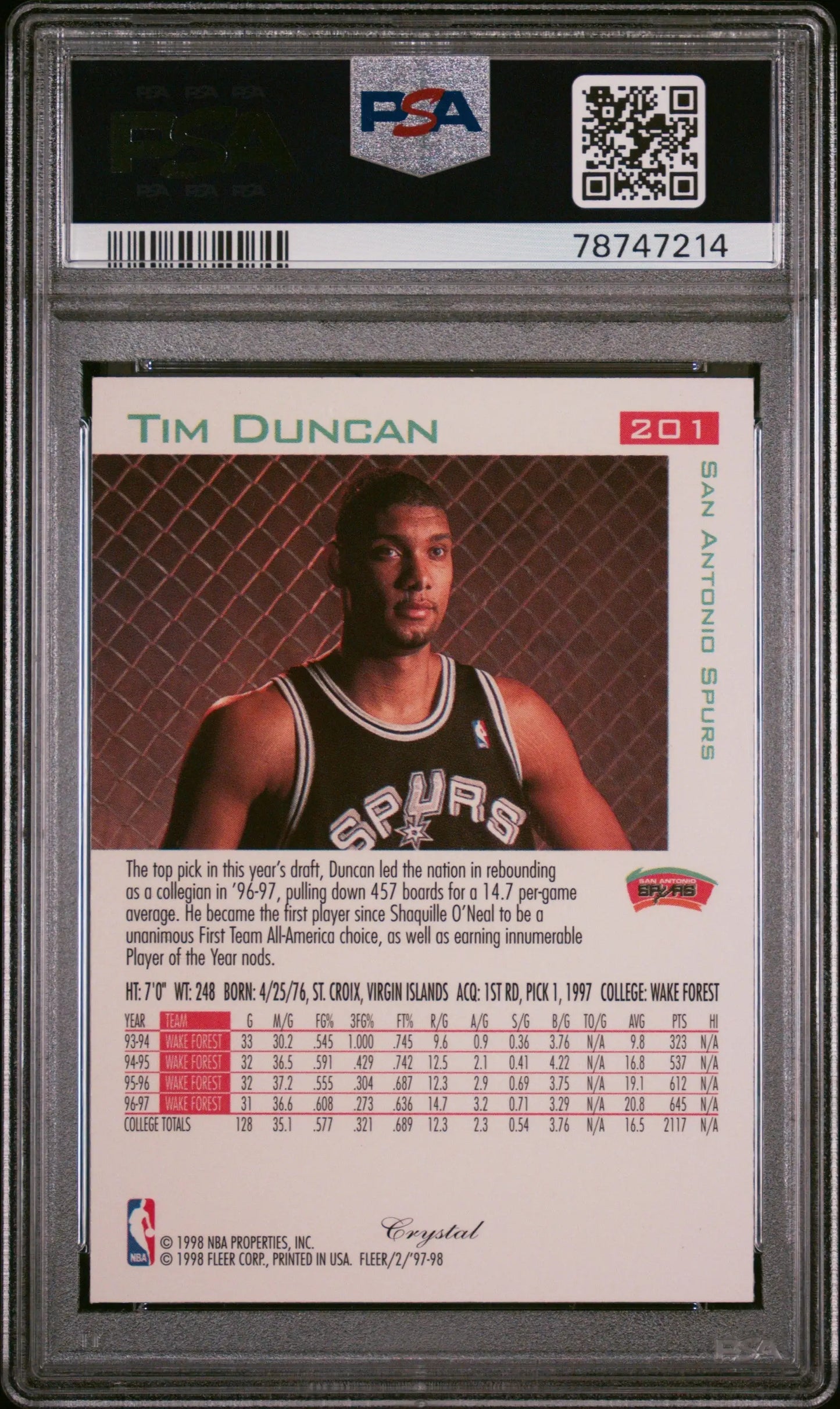 PSA 10 Gem Mint Tim Duncan 1997 Fleer Crystal basketball card with black jersey backdrop