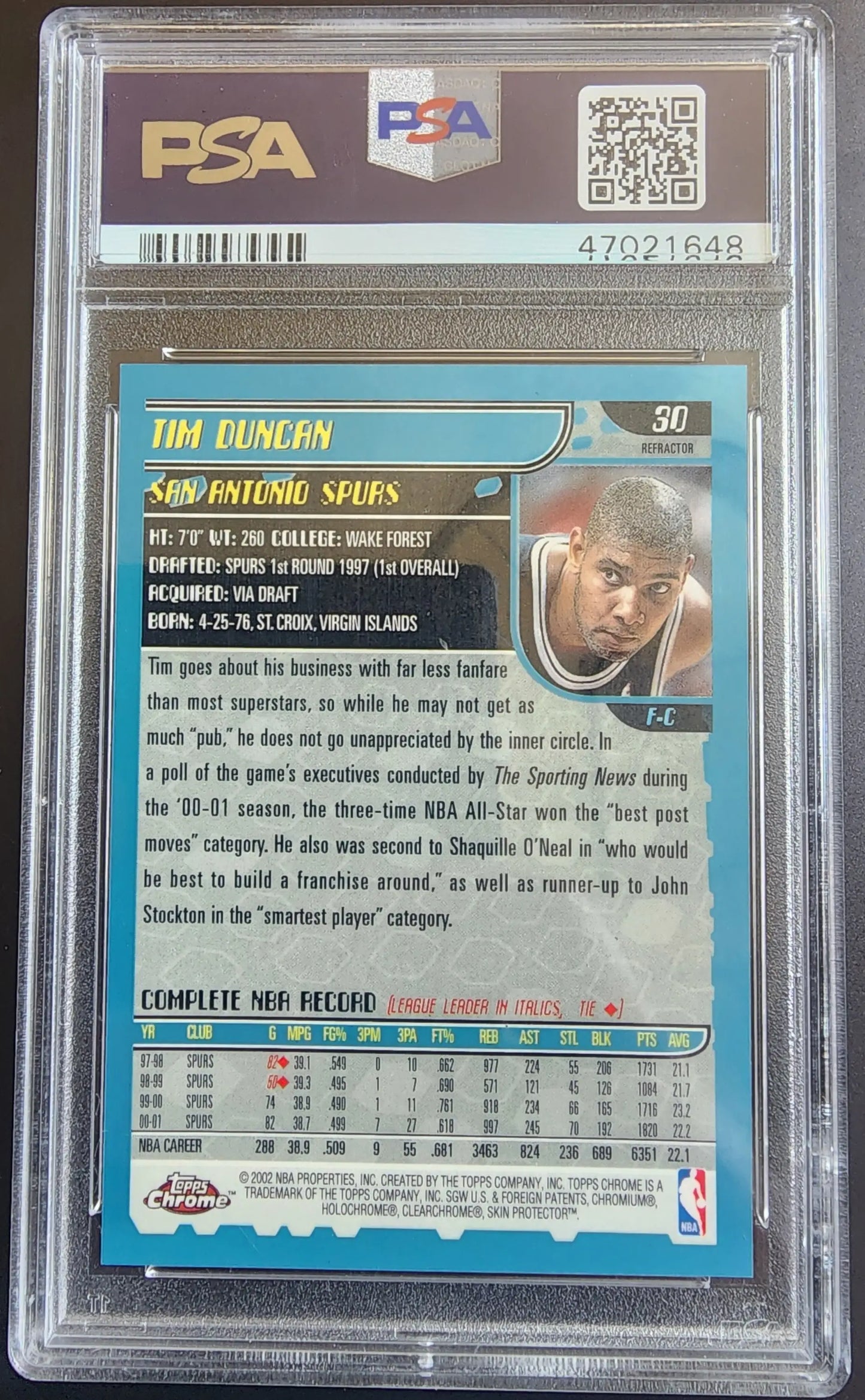 PSA 9 Mint Tim Duncan 2001 Topps Chrome #30 Refractor card in protective case