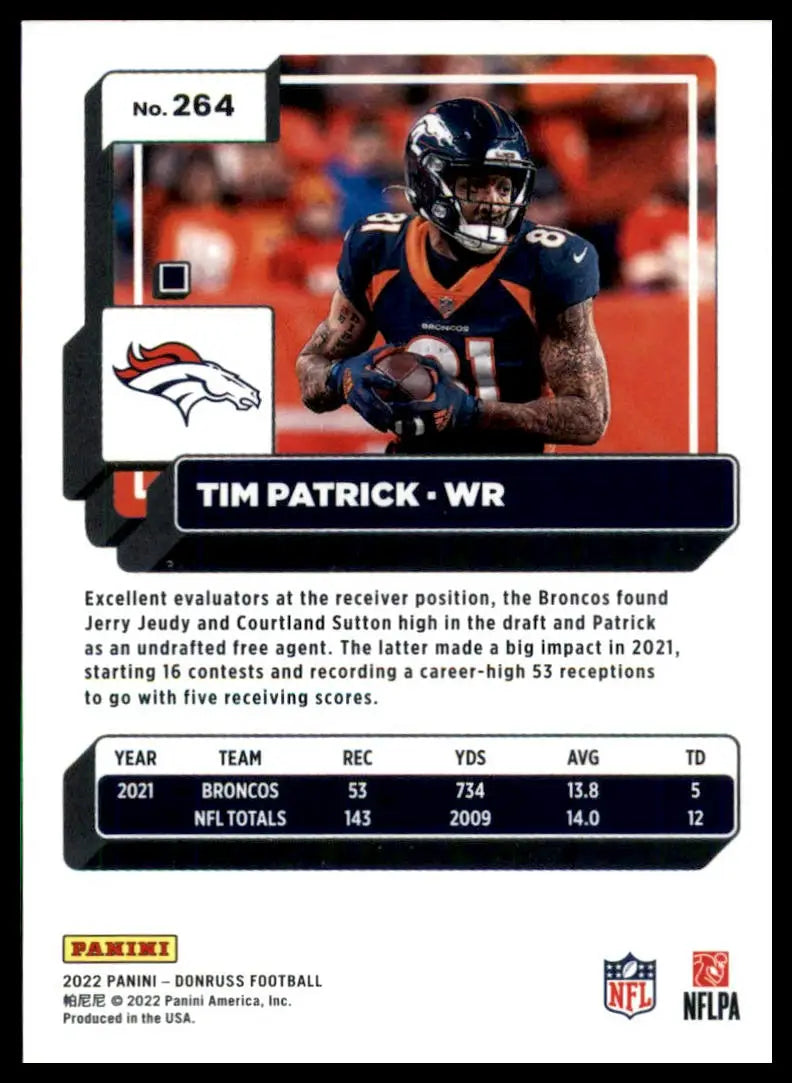 Tim Patrick football card from 2022 Donruss Denver Broncos collection