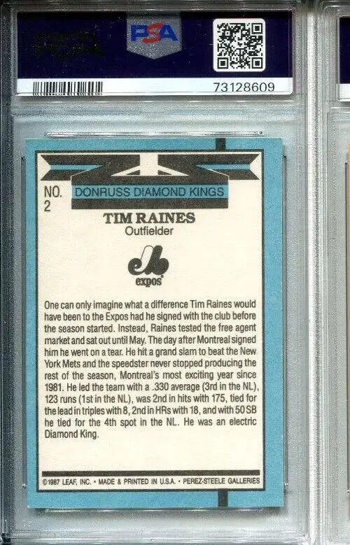 Graded Tim Raines Signed 1988 Donruss Diamond Kings Montreal Expos Auto PSA/DNA card