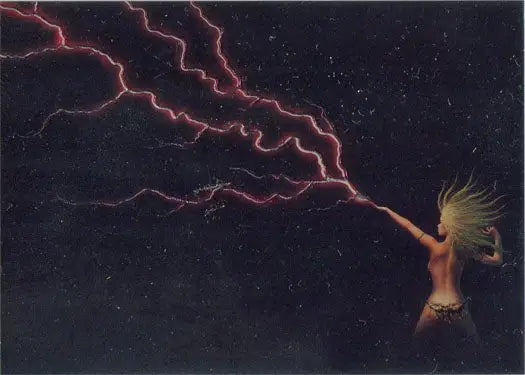 Figure with outstretched arms summoning lightning in Tim White Fantasy Art Metallic Storm Chase