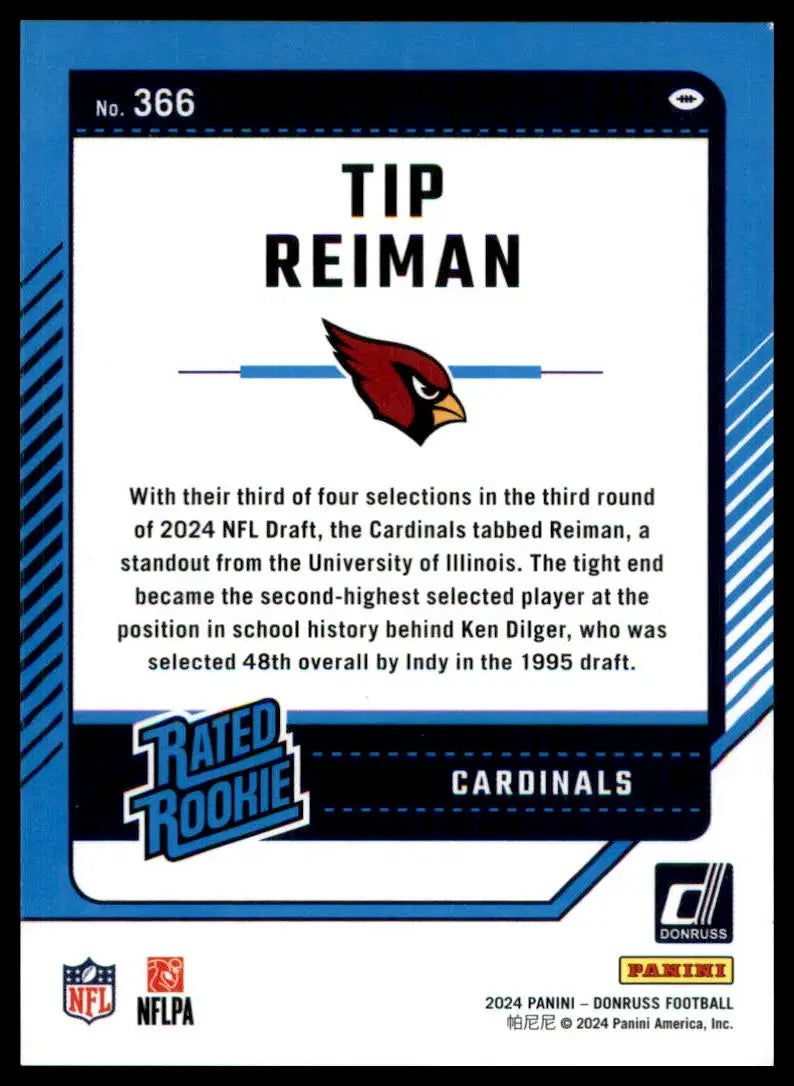 Tip Reiman football card from 2024 Donruss Rookie series featuring Arizona Cardinals