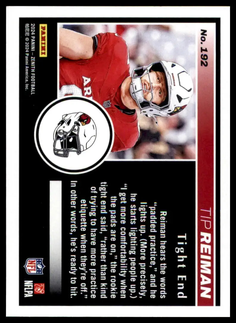 Football trading card of Tip Reiman from Panini Zenith Rookie 2024 Arizona Cardinals
