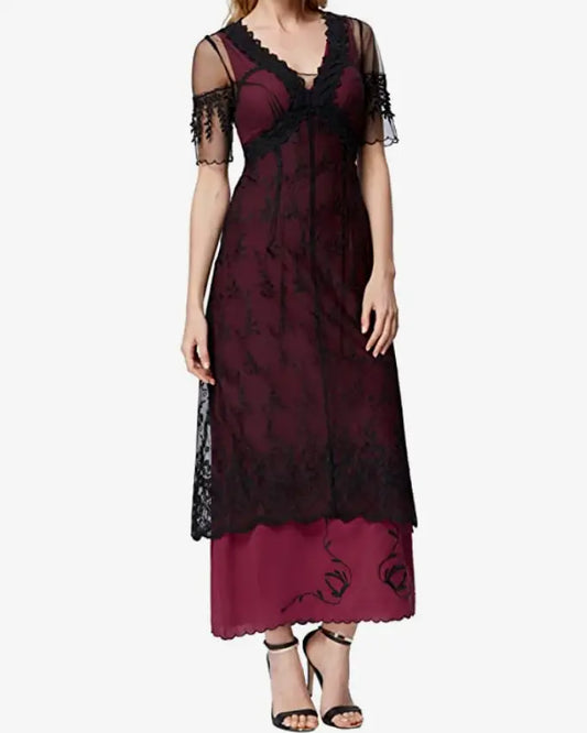 Long two-layered Titanic Day Dress with burgundy base and black mesh lace overlay in size small