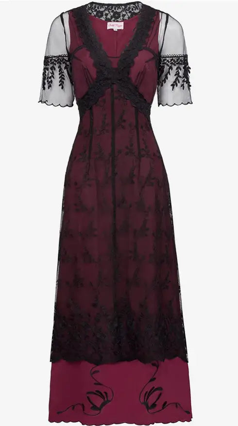 Long dark red Titanic Day Dress with black mesh lace overlay and short sheer sleeves