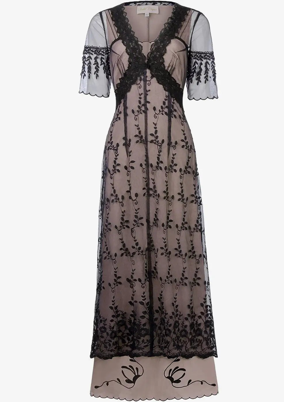 Black mesh floral embroidered lace overlay maxi dress with short sleeves and V-neckline in size small