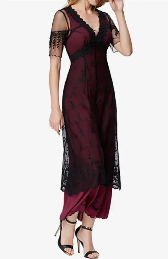 Women’s black mesh lace overlay dress with maroon slip, size small, Titanic Day Dress