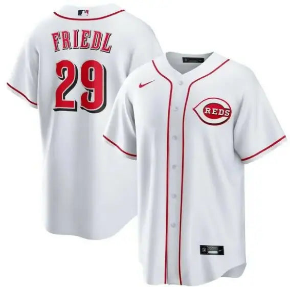 White Cincinnati Reds baseball jersey featuring TJ Friedl Nike Home Replica design