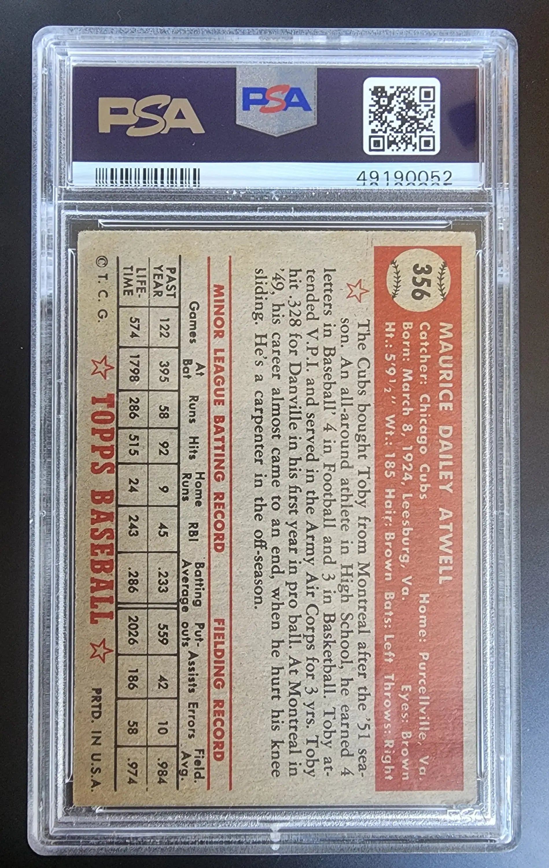 PSA-graded Toby Atwell 1952 Topps #356 baseball card displaying statistics and details