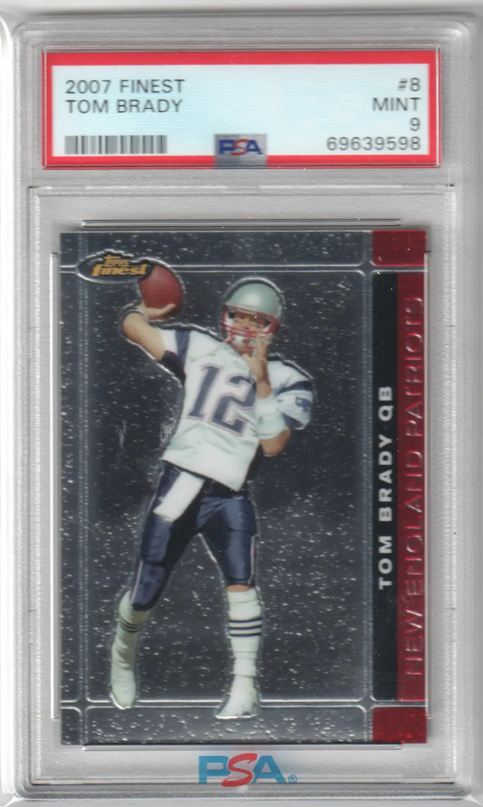 Graded Tom Brady trading card from 2007 Topps Finest #8 PSA 9 Mint at Columbia Hobby