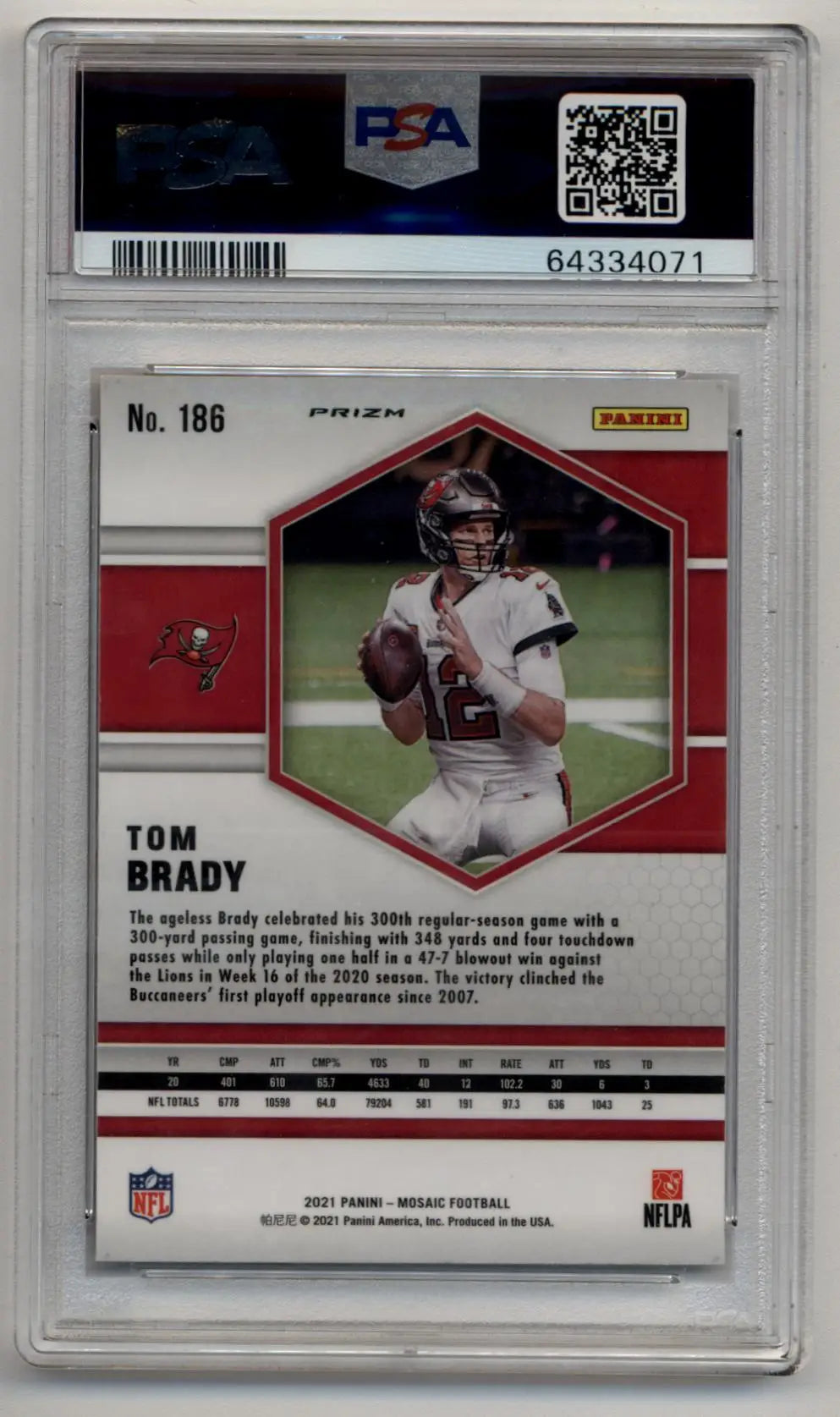 PSA-graded Tom Brady trading card in white uniform, Honeycomb PSA 9 Mint condition