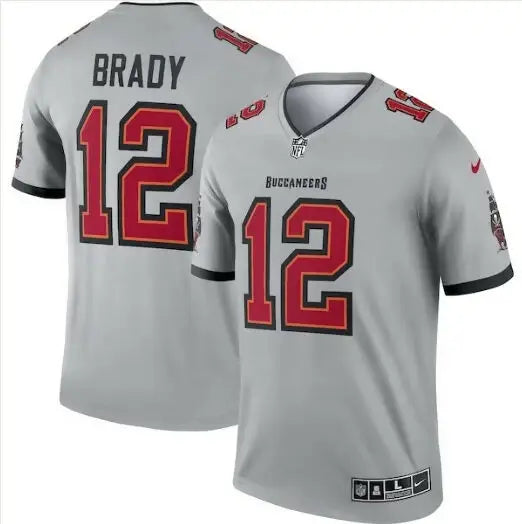 Gray Tom Brady Tampa Bay Buccaneers Nike Inverted Legend Jersey with red and black accents, number 12