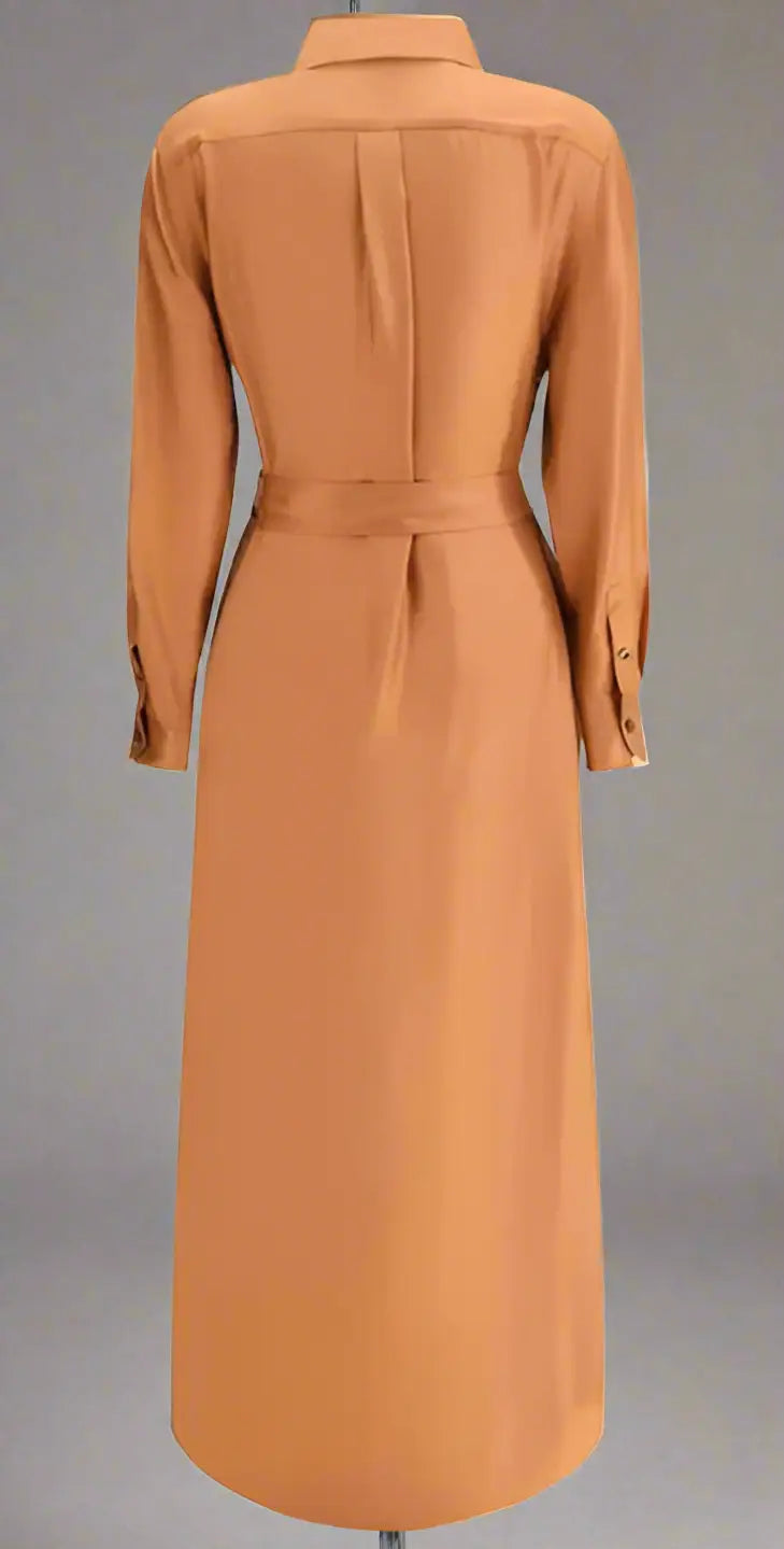 TOM FORD BURNT ORANGE long shirt dress with belted waist and long sleeves