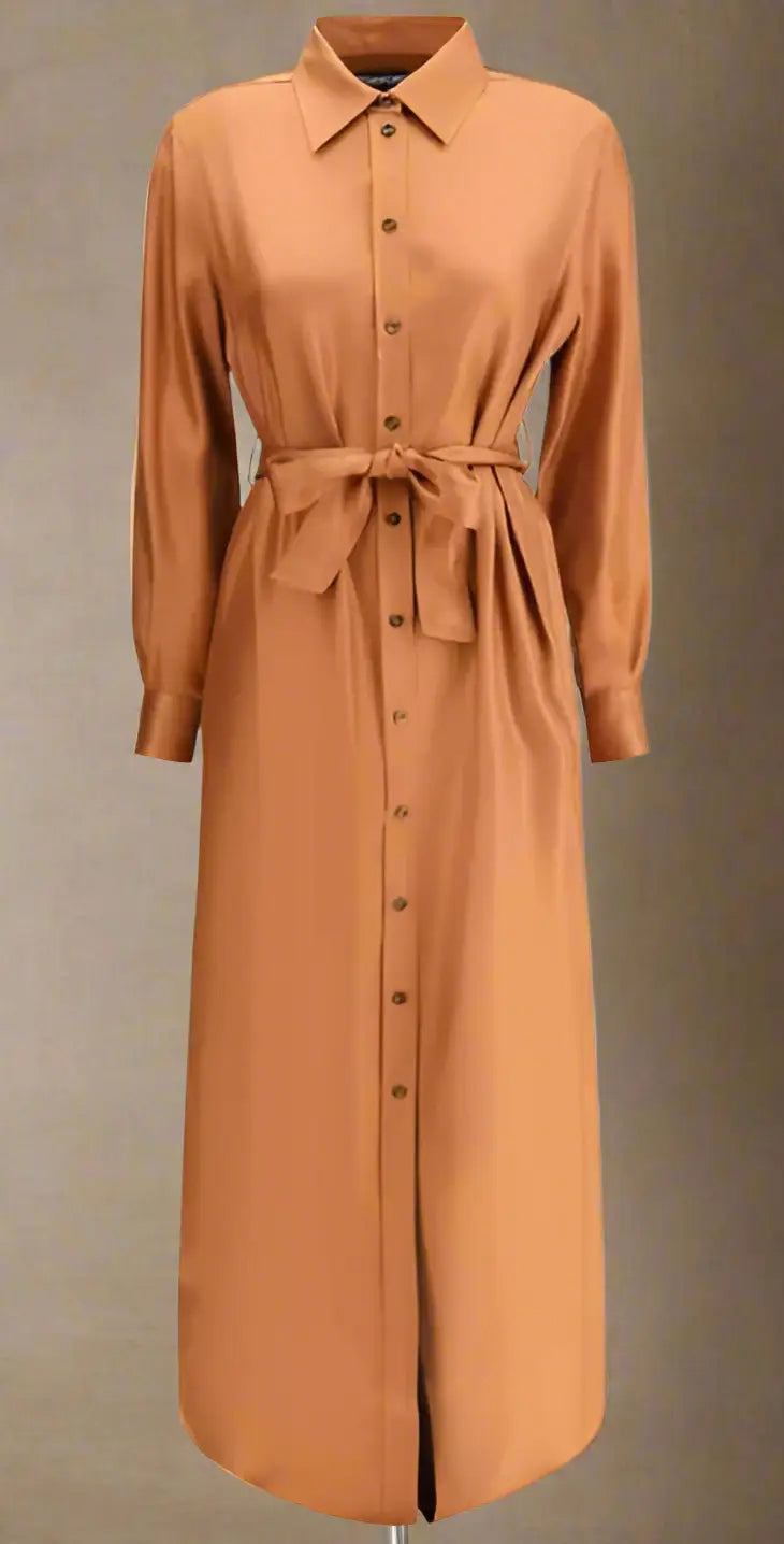 Tom Ford Burnt Orange Long Shirt Dress with tie-waist belt and front buttons