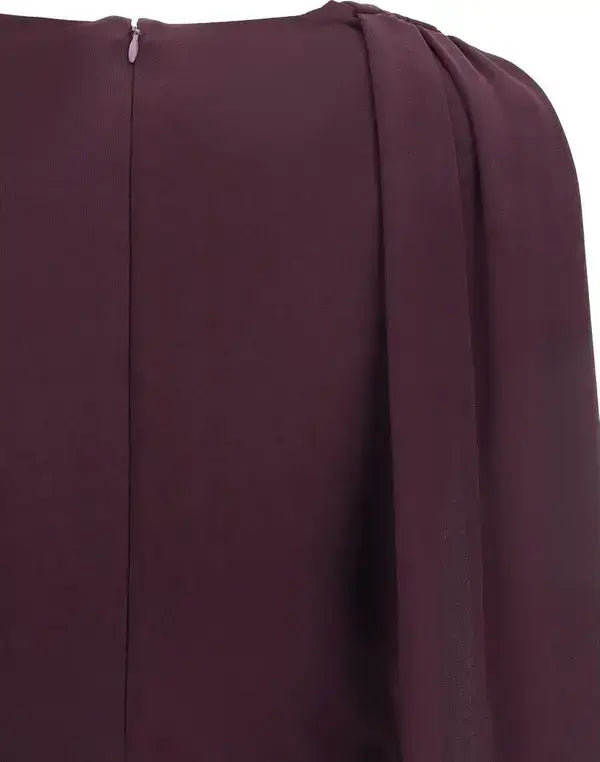 Close-up of plum-colored TOM FORD jersey midi dress with concealed zipper and pleated shoulder