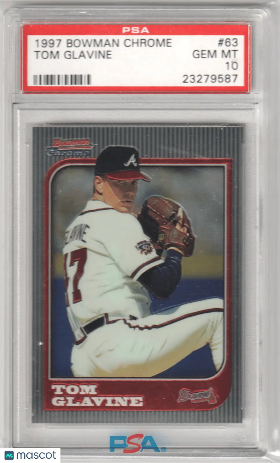 Tom Glavine 1997 Bowman Chrome baseball card showcased by Columbia Hobby, PSA 10 GEM MINT