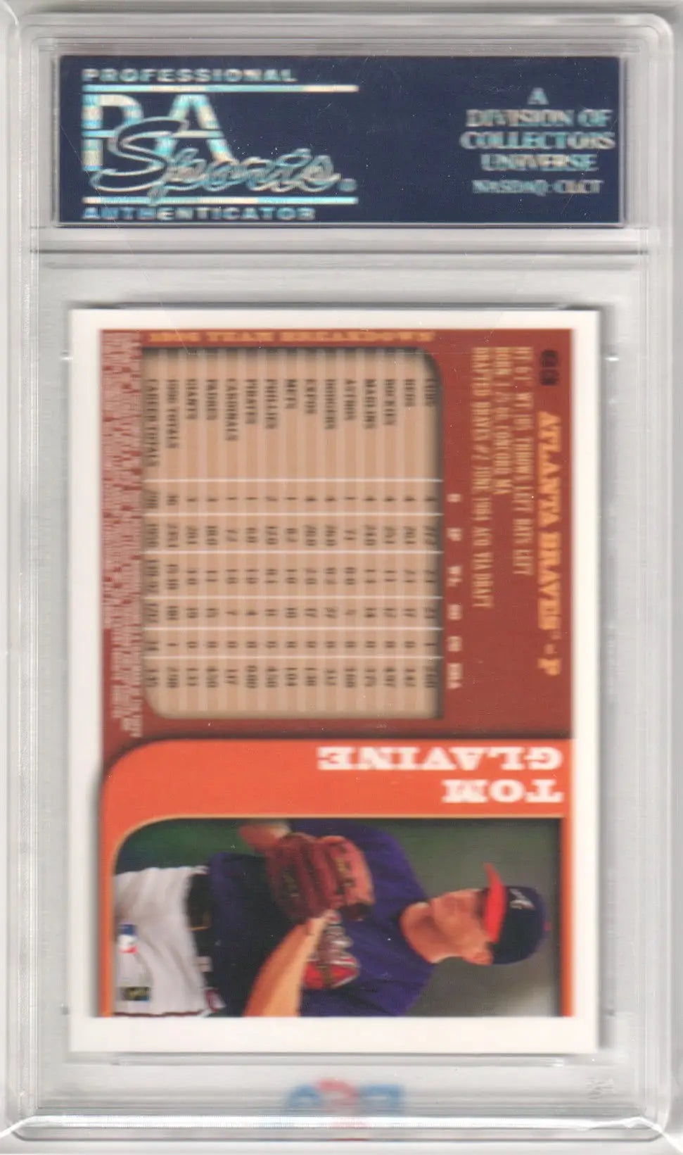 Encased Tom Glavine 1997 Bowman Chrome baseball card in Columbia Hobby display